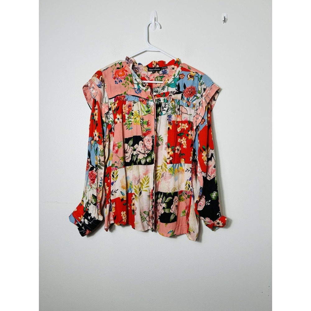 tolani collection Button Up Shirt Sz M Boho Festival Long Sleeve Patchwork